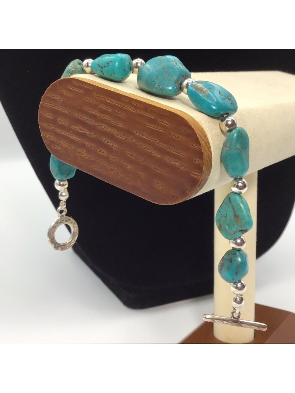 Sterling Silver Turquoise Stones Bracelet With Sterling Beads Toggle Size 6.5”